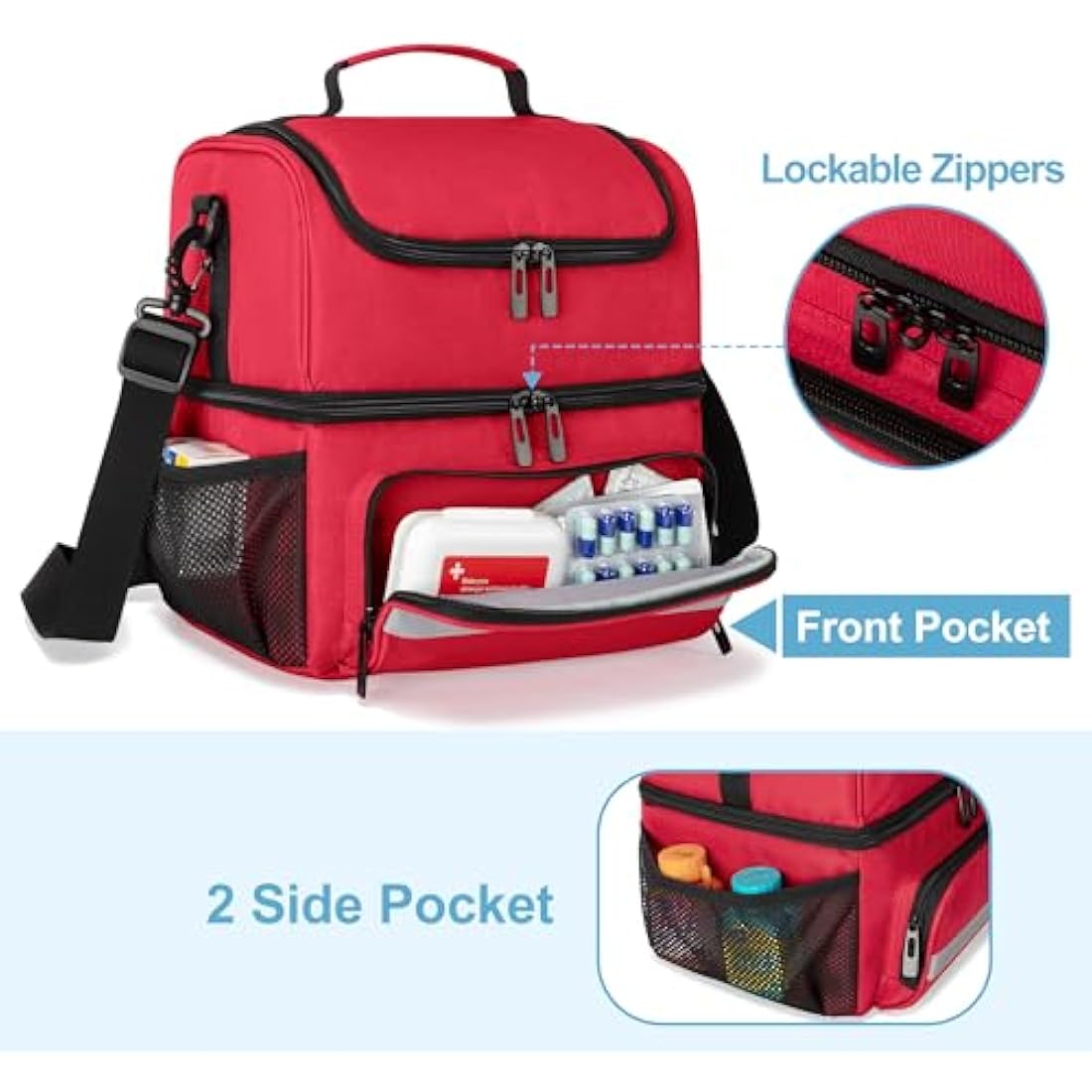 CURMIO Double Layer Medicine Storage Bag Empty, Family First Aid Organiser for Emergency Medical Kits, Portable Medicine Supplies Bag for Home and Travel, Red