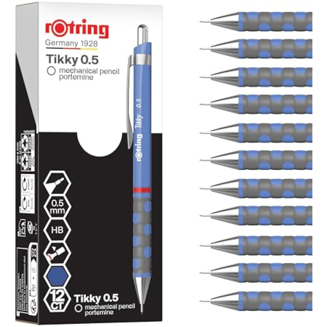 rOtring Tikky Mechanical Pencil | HB 0.5 mm | Iris (blue) Barrel | Lightweight with Rubberised Grip | 12 Count