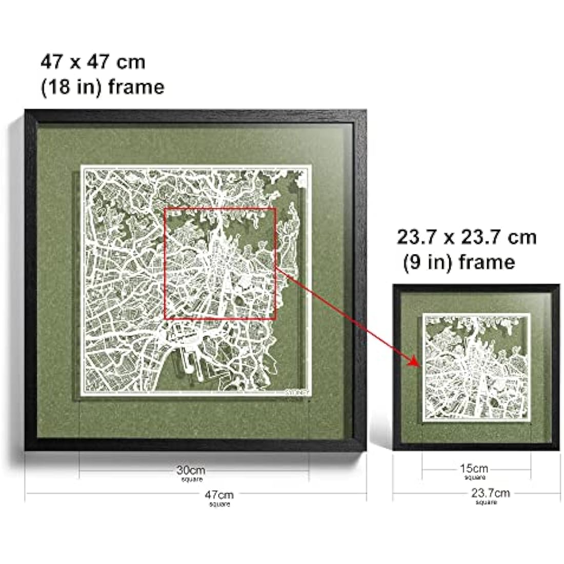 O3 DESIGN STUDIO Sydney Paper Cut Map framed, White map, Black frame, 9x9 inches, Gift Boxed, 4 background color, self-changing, Paper Art