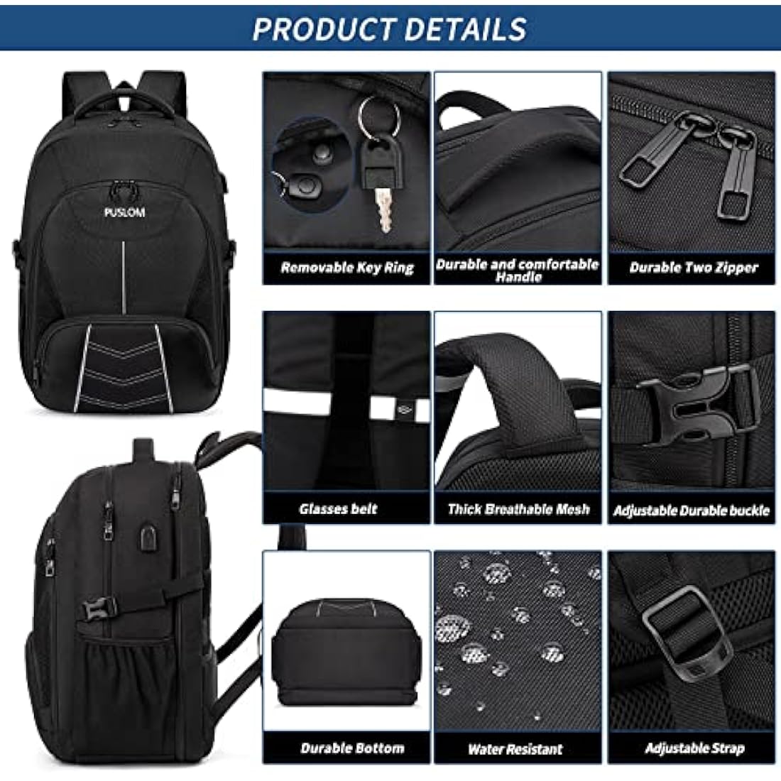 Extra Large Backpack 55L,18.4 Inch Travel Laptop Work Bag with USB Charging Port Big Business Flight Approved TSA Heavy Duty Computer Rucksack for Men Women College School,Black