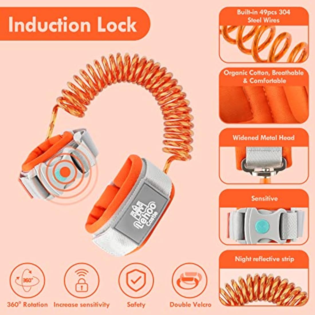 Lehoo Castle Baby Reins for Walking, 1.5M Toddler Reins for Kids with Induction Lock, Anti Lost Wrist Link Wrist Reins, Child Safety Harness for Autism Boys Girls (Orange)