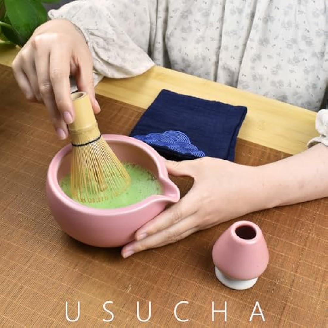 Artcome 7 Pcs Complete Matcha Tea Ceremony Kit - Bowl, Whisk, Scoop, Strainer, Powder, Set for Usucha, Koicha, Latte (Pink)