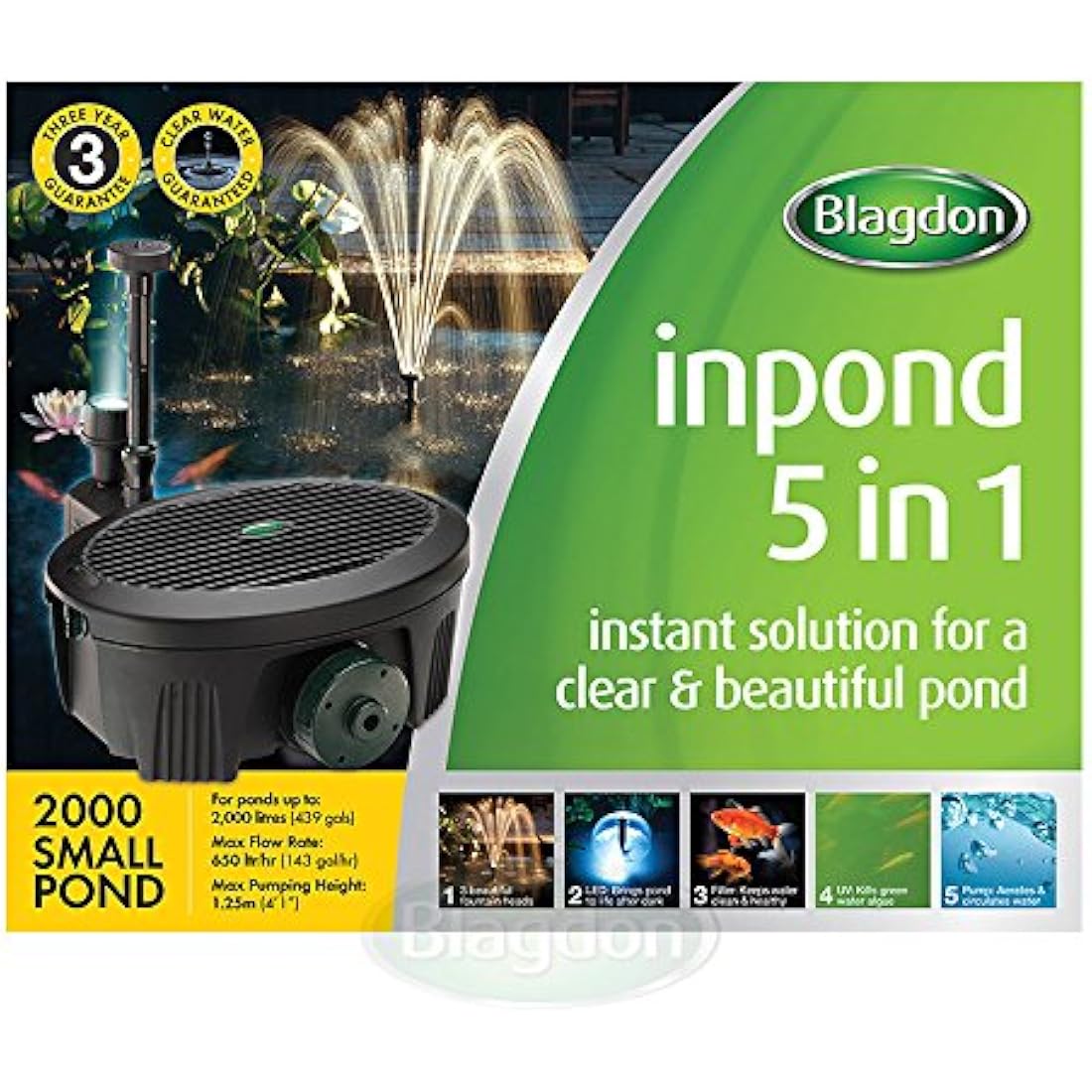 Blagdon Inpond 5-in-1 2000 Easy Care Clean Pond Solution, 10w Pond Pump & Filter with UV Clarifier for Algae Control and Clear Water, LED Light, 3 Fountain Heads, for Ponds Up to 2,000L, Black