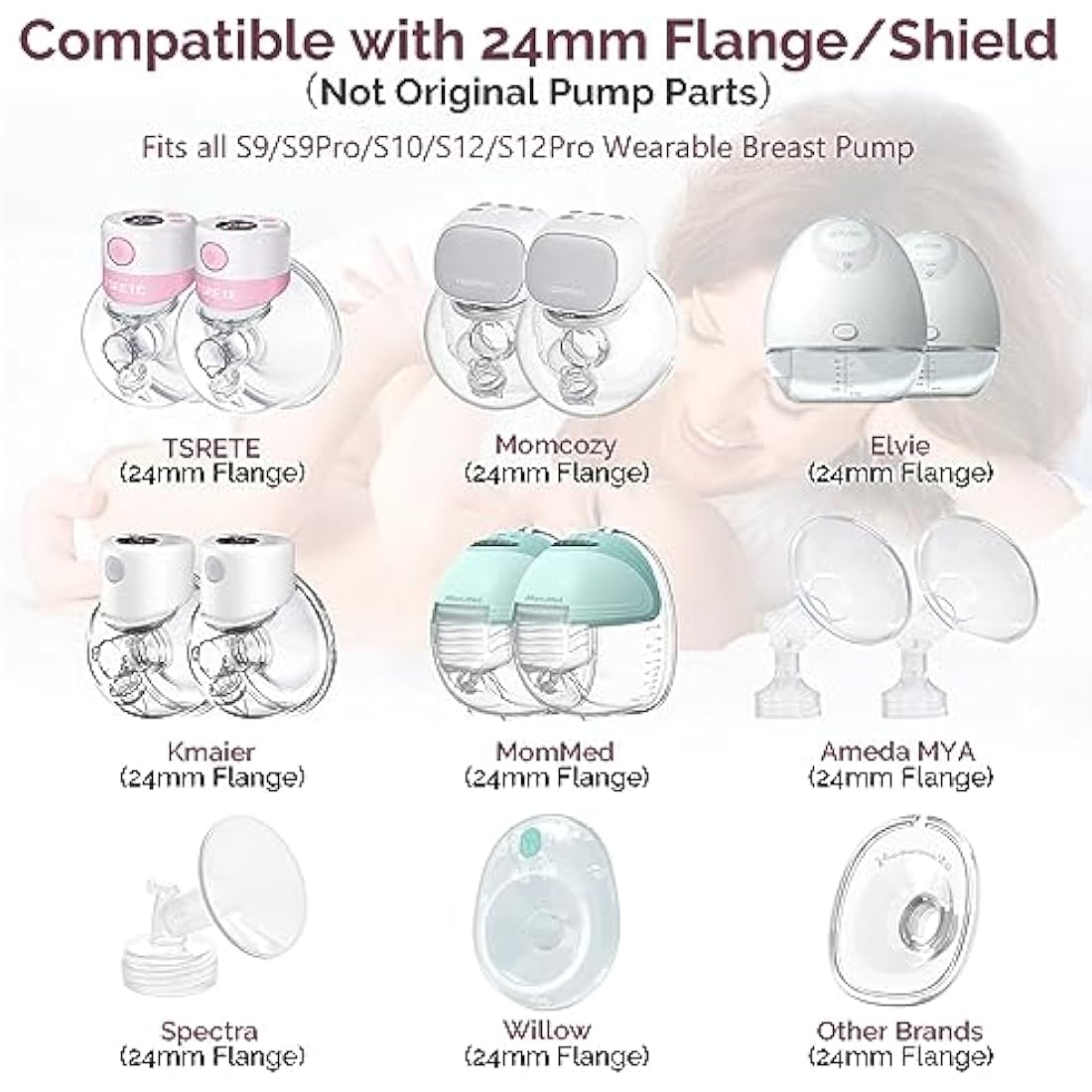 semai Flange Inserts 19mm Breast Pump Parts Compatible with Medela/Momcozy S12 Pro/S9 Pro/S12/S9/Spectra/Elvie 24mm Breast Pump Shields/Flanges, Reduce 24mm Nipple Tunnel Down to Correct Size, 4PCS