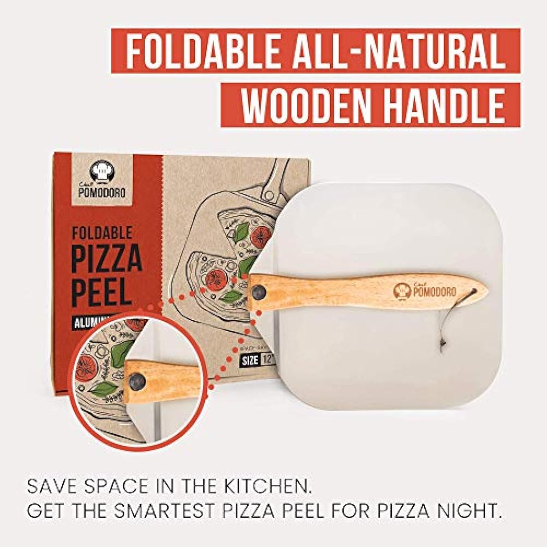 Chef Pomodoro Pizza Peel, Pizza Paddle with Safety Backstep and Foldable Wood Handle for Easy Storage, Metal Pizza Peel for Baking Homemade Pizza (30.5 x 35.6 cm + 35.5 Cutter)