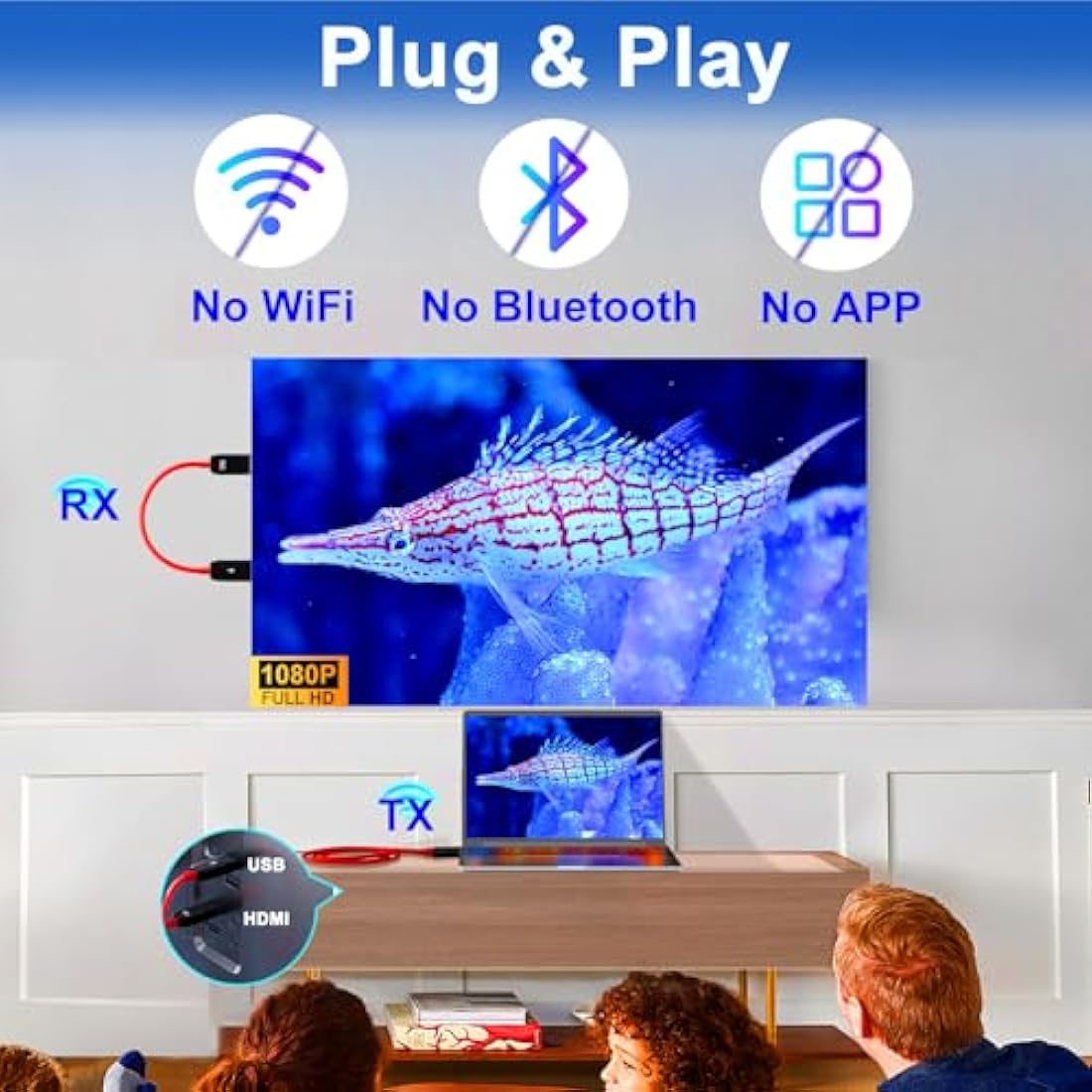 Wireless HDMI Transmitter and Receiver, 5GHz Wireless HDMI Extender, 1080P Video/Audio Dual Screen Transfer, Laptop, Tablet, Projector, Support Nefix/YouTube