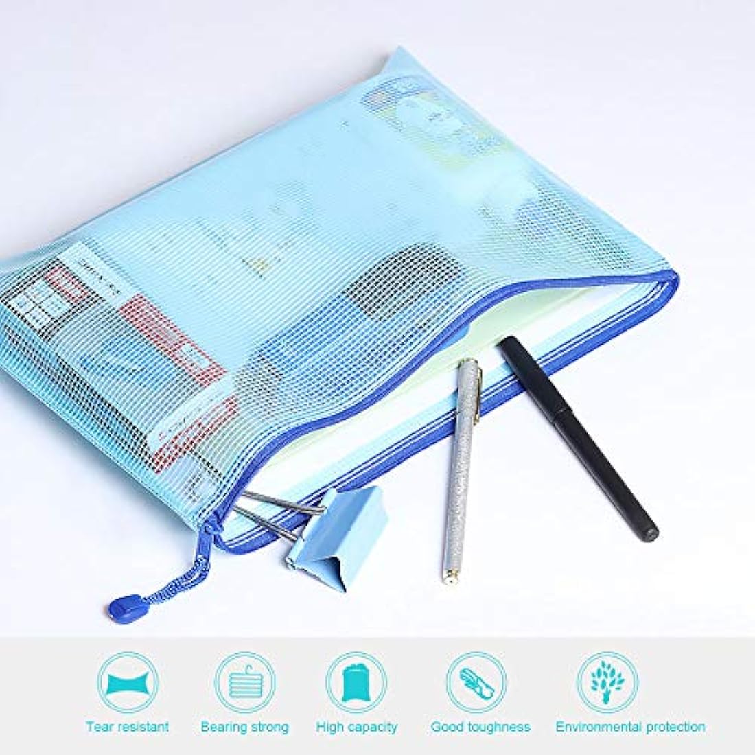 Vicloon Plastic Wallets, 15Pcs A3 A4 A5 Zip Lock Bags Mesh Document Wallet Document Folders Plastic Pockets Zipper File Wallet for School Office Homework Storage Bags
