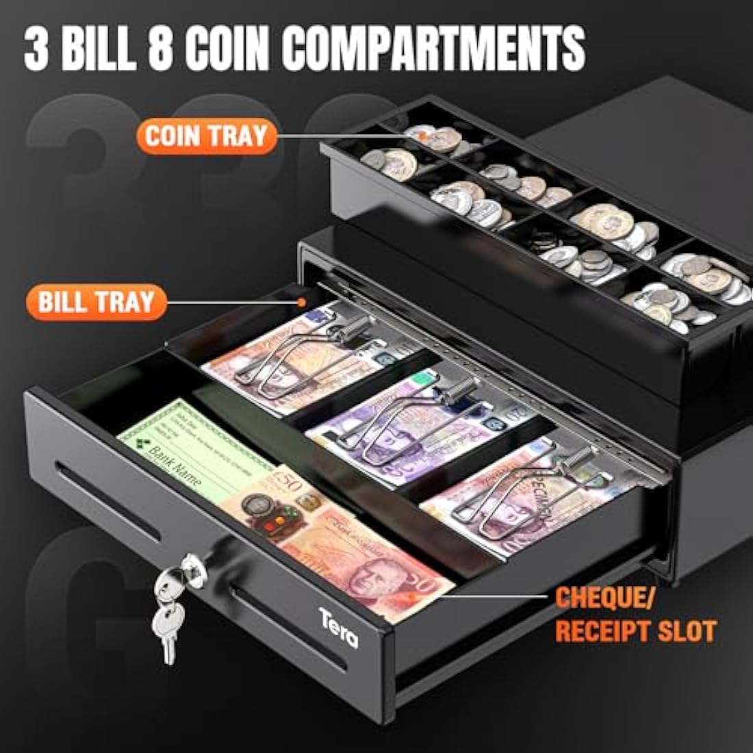 Tera 13" Cash Register Drawer Auto Open with 3 Bill 8 Coin Cash Tray 6 Keys Removable Coin Compartment Key-Lock 24V RJ12 Interface Media Slot for Point of Sale POS System Shop Business 330G