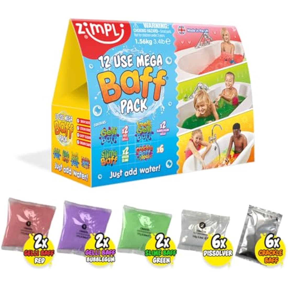 Zimpli Kids 12 Use Mega Value Baff Pack, 4 x Gelli Baff, 2 x Slime Baff & 6 x Crackle Baff, Children's Bath Toy, Sensory Birthday Present for Boys & Girls