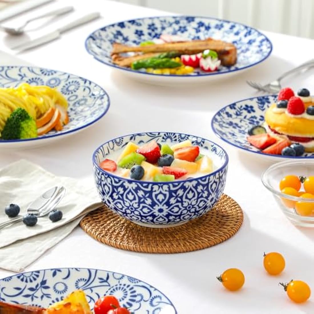 vancasso Selene Dinner Sets for 6 People, 18 Pieces Vintage Blue Porcelain Plates and Bowls Set Kitchen Crockery Set Dinnerware Sets, Mircowave and Dishwasher Safe Dishes Set