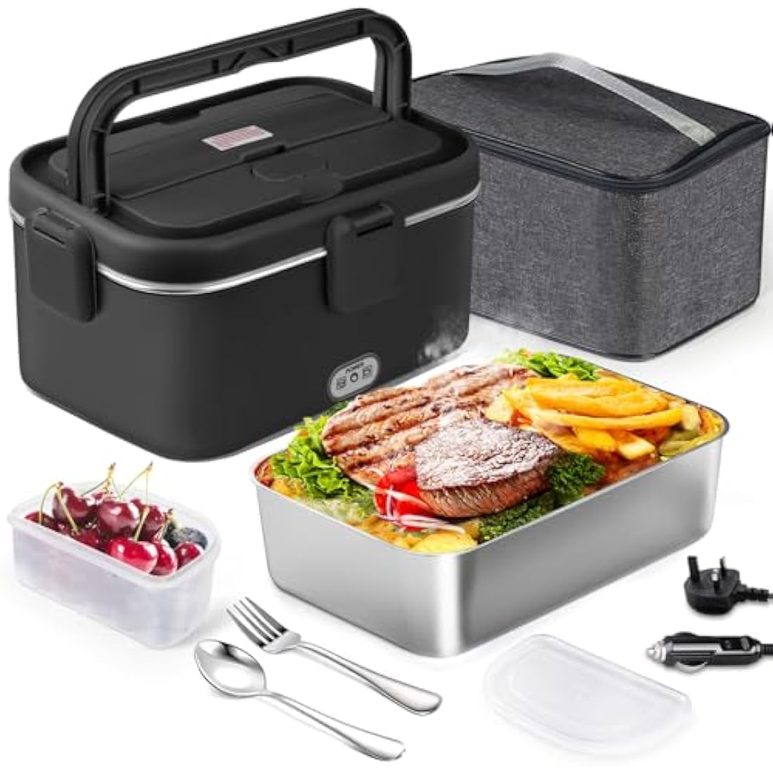AUTOPkio Electric Lunch Box 1.8L 80W, 12V 24V 220V Upgraded Heated Lunchbox Large Heating Food Warmer with Carry Bag Fork Spoon for Car Truck Office (Black)