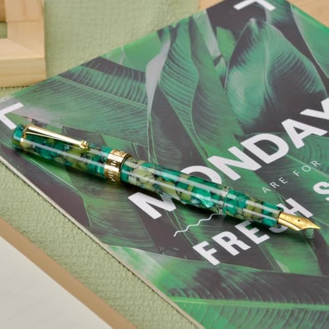 Asvine P20 Piston Fountain Pen Green Marble Acrylic, Medium Nib Gold Trim Smooth Writer Collection with Case Set