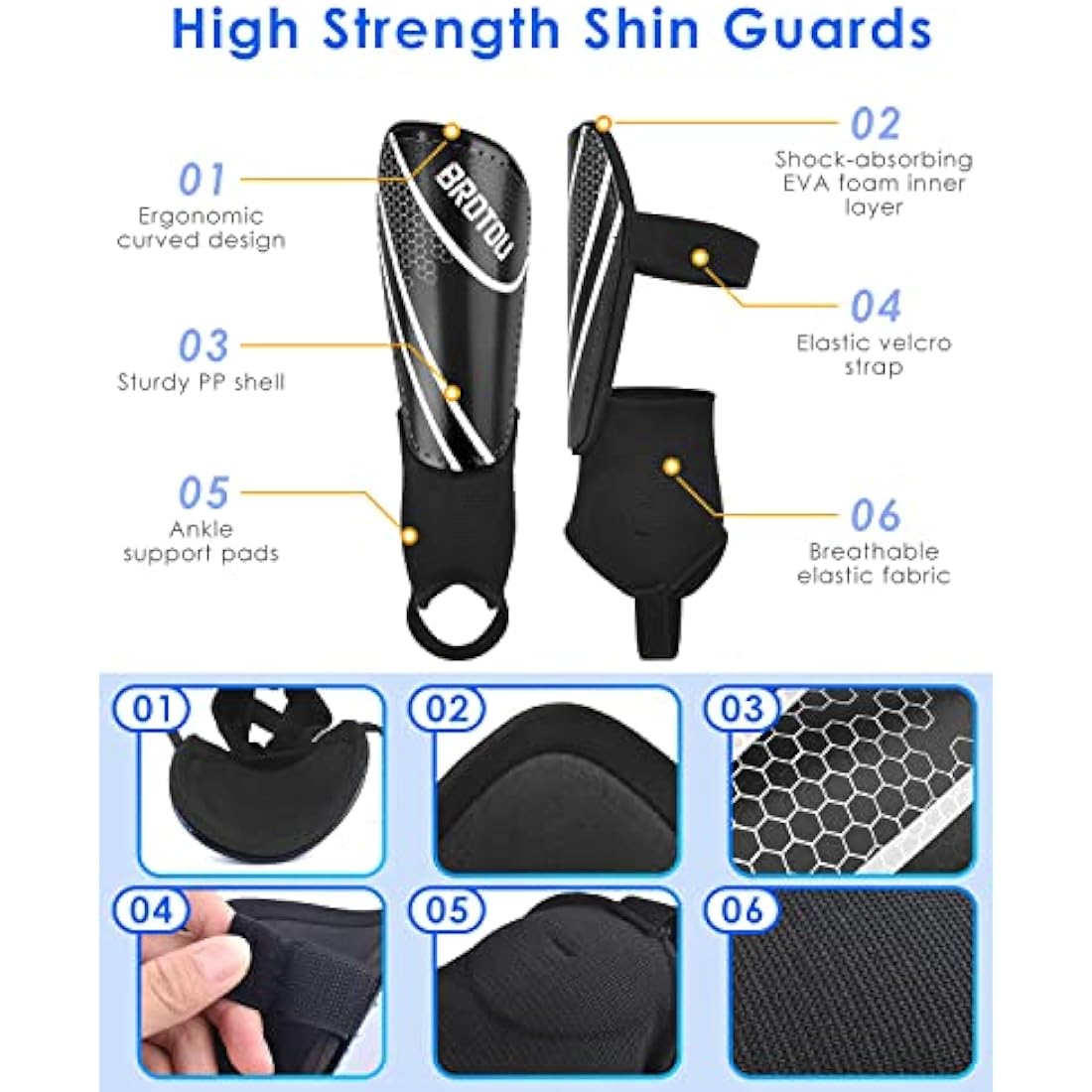Youth Football Shin Guards, BROTOU High Strength Junior Shin Pads with Calf & Ankle Protection, Lightweight Design, Breathable, Non Slip Extended Adjustable Straps, for Boys and Girls
