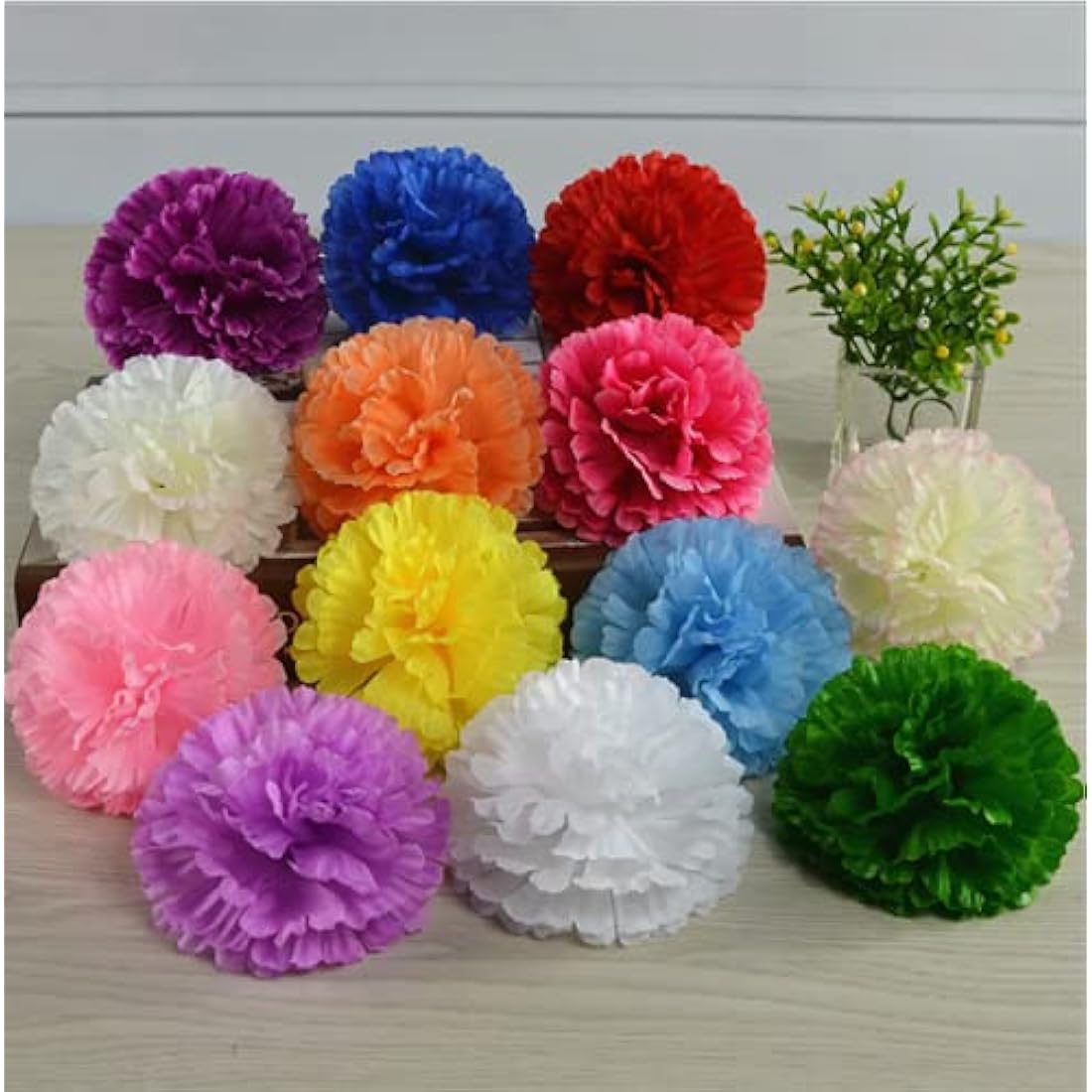 50 Artificial Silk Carnation Flower Head with Stems Set,Vase Fillers, for Home Bridal Wedding Party Birthday Cake Ornaments,Handmade Wrist Corsage,2" Multiple Petals Heads with 8" Stems (White)