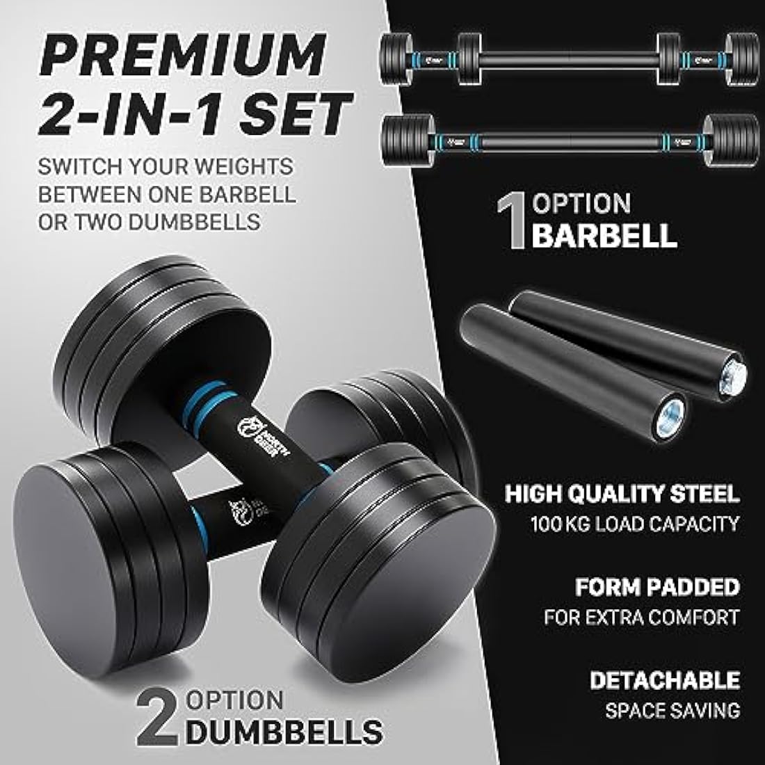 Northdeer Dumbbell Barbell Set 10kg Pair - 2.5kg 3kg 5kg 5.5kg 7.5kg 8kg 10kg - Adjustable Dumbbells V2.0 with Barbell Home Gym Workout