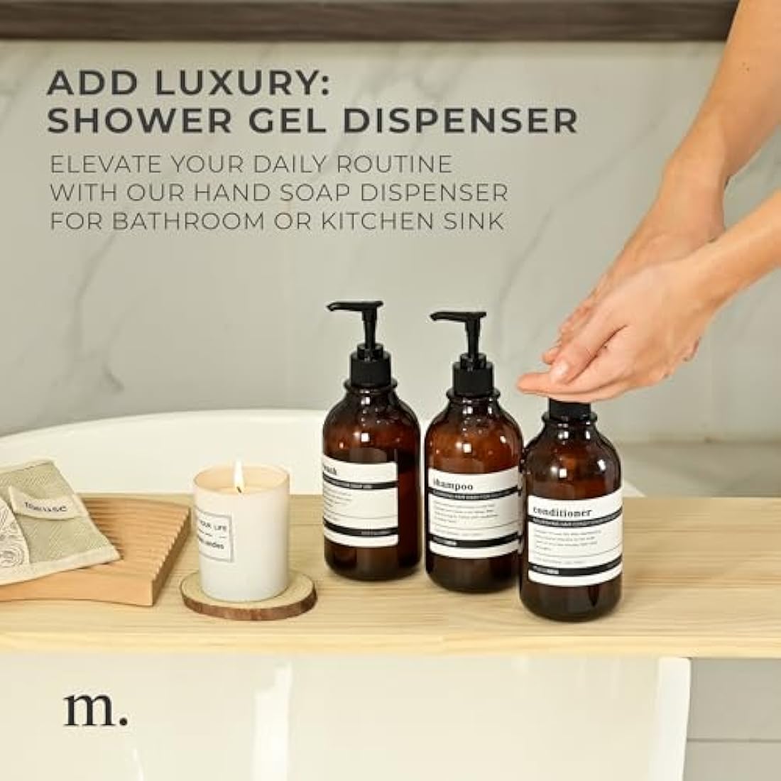 MaisoNovo Refillable Shampoo and Conditioner Bottles - Set of 3, 500ml Amber Plastic Bottle and Black Pump - Shampoo and Conditioner Bottles with Labels - Shower Gel Dispenser