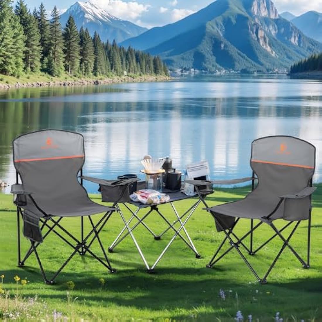 LET'S CAMP Camping Chairs 2 Pack, Set of 2 Folding Chair, Lightweight Picnic Chair with 3-Can Cooler Bag, Cup Holder,Storage Pocket, Supports 100kg (Grey)