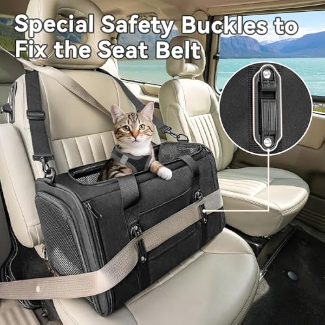 Petsfit Cat Carrier Car, Small Dog Carrier with Upgraded Patented Car Buckle Soft Sided Pet Carrier for Puppy, 4 Side Ventilated with Adjustable Shoulder Straps and Soft Cushion,Black
