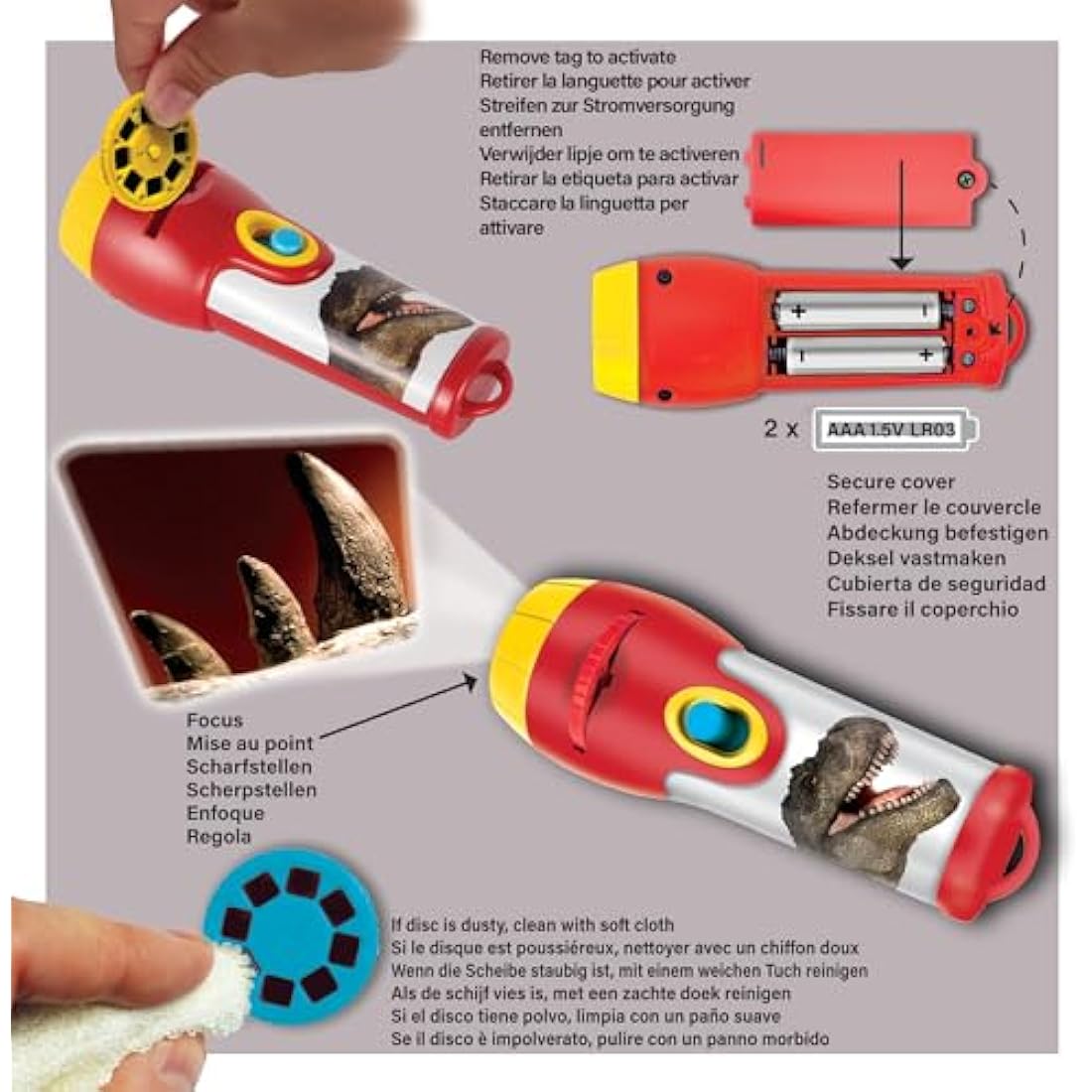 Natural History Museum Dinosaur Torch & Projector – 24 Dinosaur Image Slides, Precise Projections Up to One Metre Wide, Interactive Kids Dinosaur Flashlight Toy