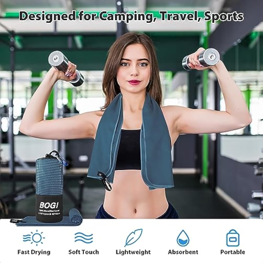 BOGI Microfibre Travel Towel, Quick Dry & Super Absorbent, Soft Lightweight Gym Towel for Beach Sports, Swimming, Yoga, Camping & Hiking