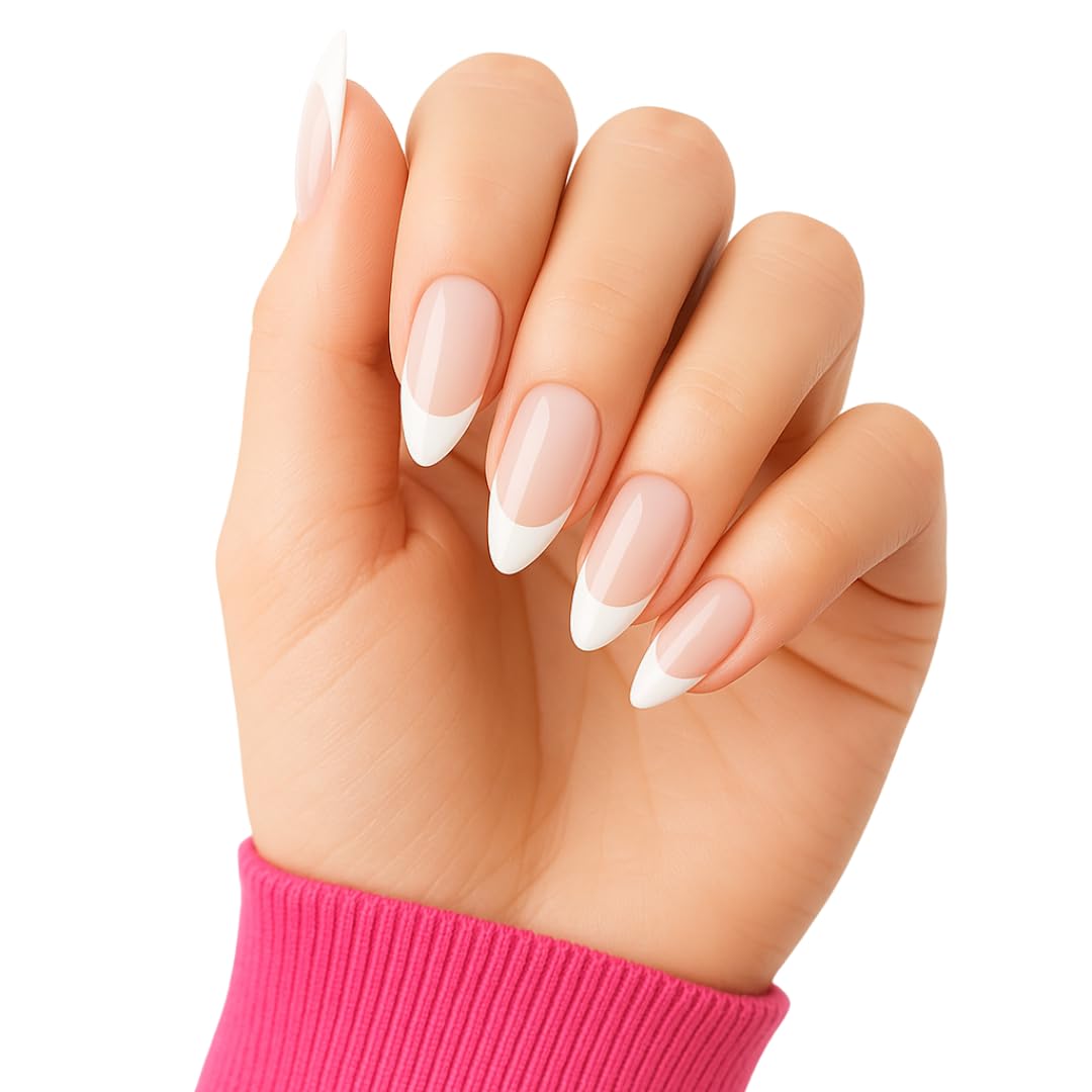 Natural Style French Press-On Nails, 48 Pieces, Nude Pink with White Tips, 12 Sizes, 2-Minute Application, Includes Nail Care Guide