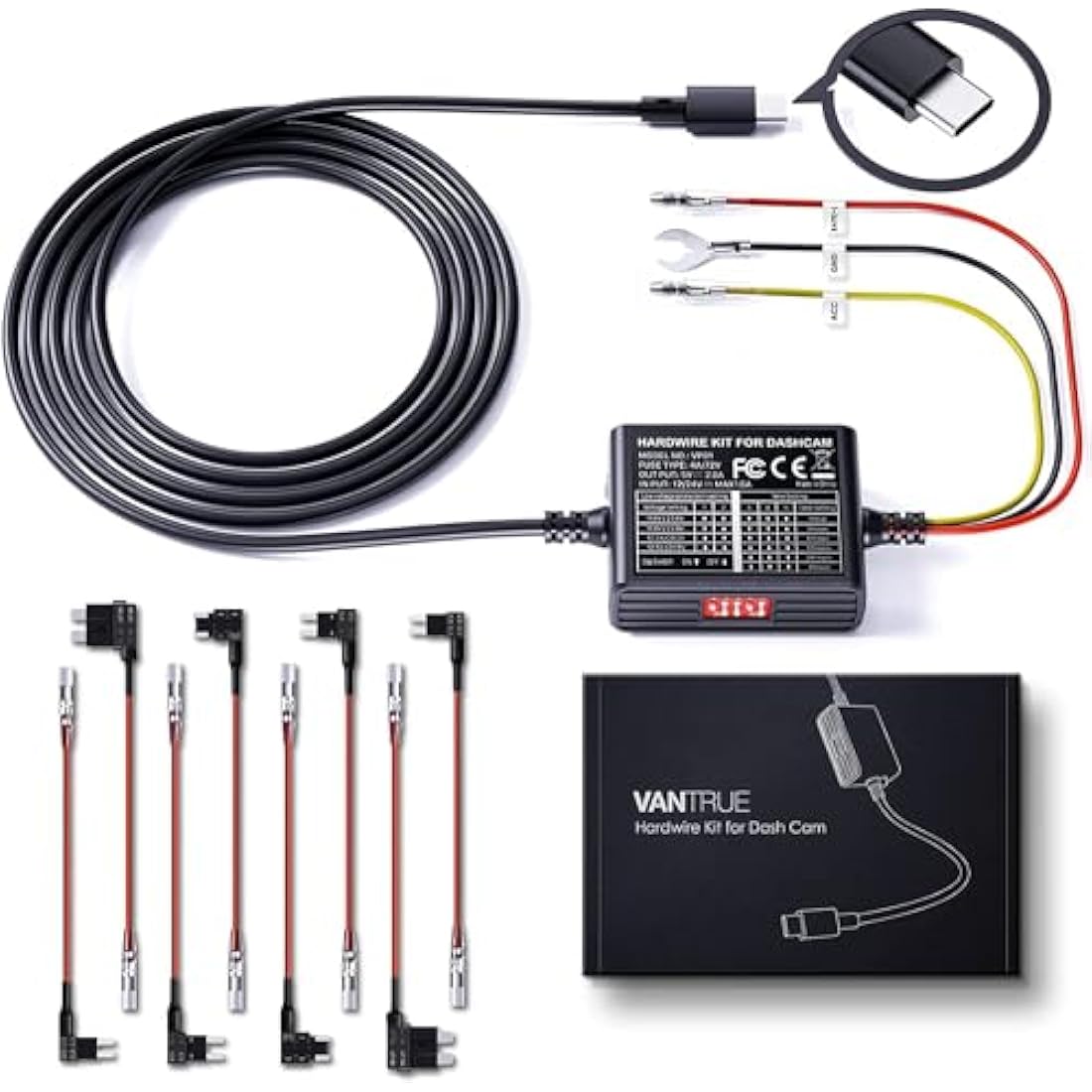 VANTRUE USB-C 5 Level Hardwire Kit with ACC for N5/N4 Pro/N4/N2X/E360/S1 Pro/E1 Pro/E1/E1 Lite/E2/E3/X4S/N2 Pro(USB-C)/N2S/S2 Dashcam, 12V-24V to 5V, 24h Parking Mode, Low Voltage Protection, 11.5ft