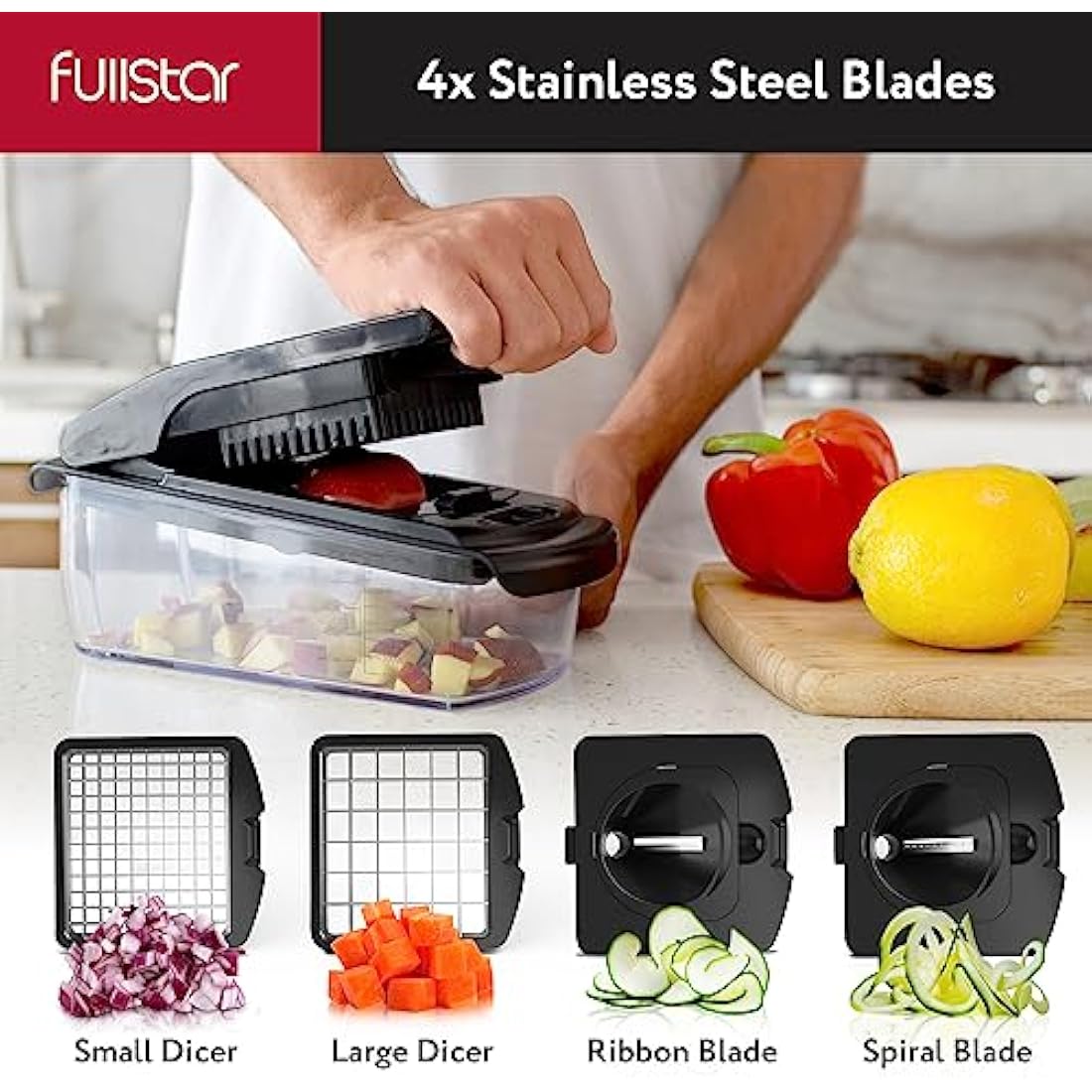 Vegetable Chopper Vegetable Cutter - Veggie Onion Salad Food Chopper Manual - Potato Chipper - Veg Chopper and Dicer - Kitchen Tools & Gadgets (7-in-1 Stainless Steel Black)