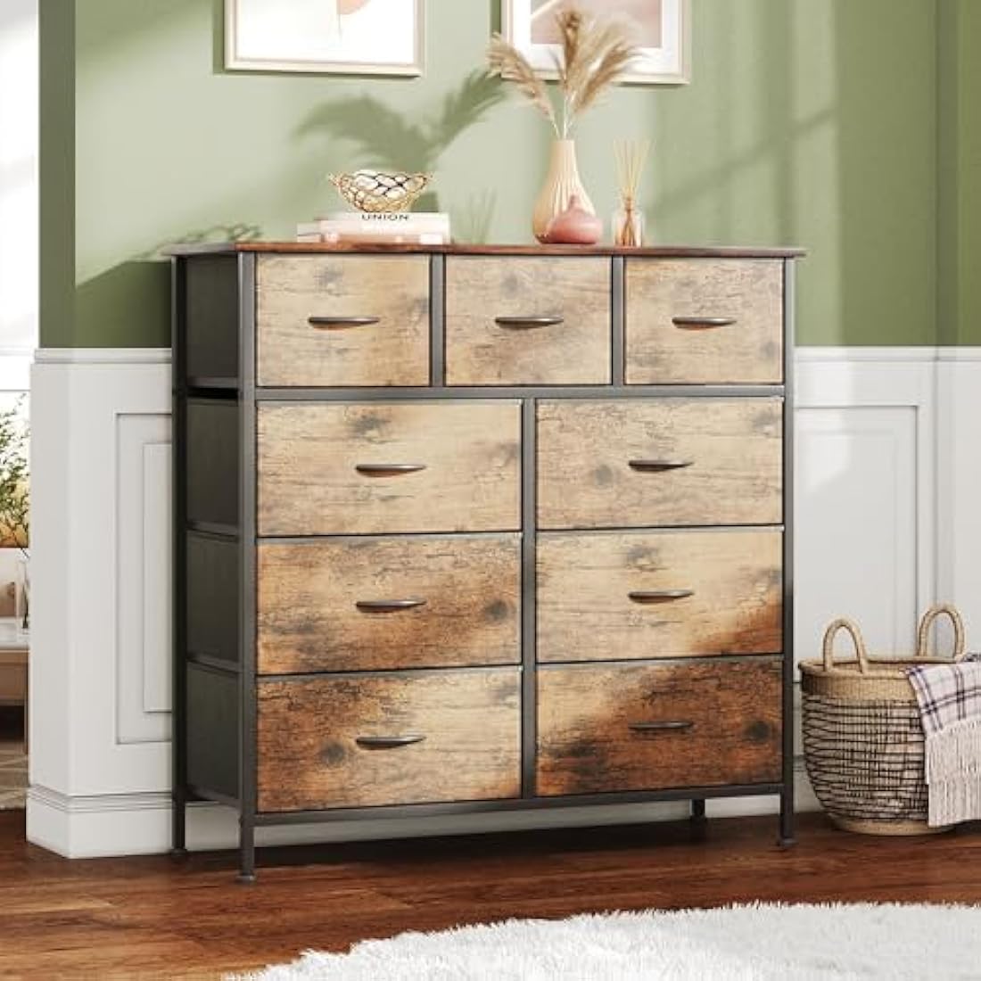 CAIYUN Chest of Drawers,Dresser for Bedroom with 9 Drawers,Fabric Dresser with Wood Top and Large Storage Space, Easy to Assemble, for Bedroom, Living room, Rustic Brown