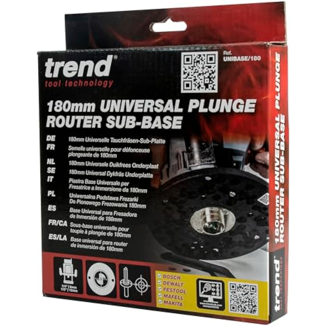 Trend Large Universal Plunge Router Sub-Base, 180mm, Enhanced Compatibility for 1/2 Inch Plunge Routers, UNIBASE/180