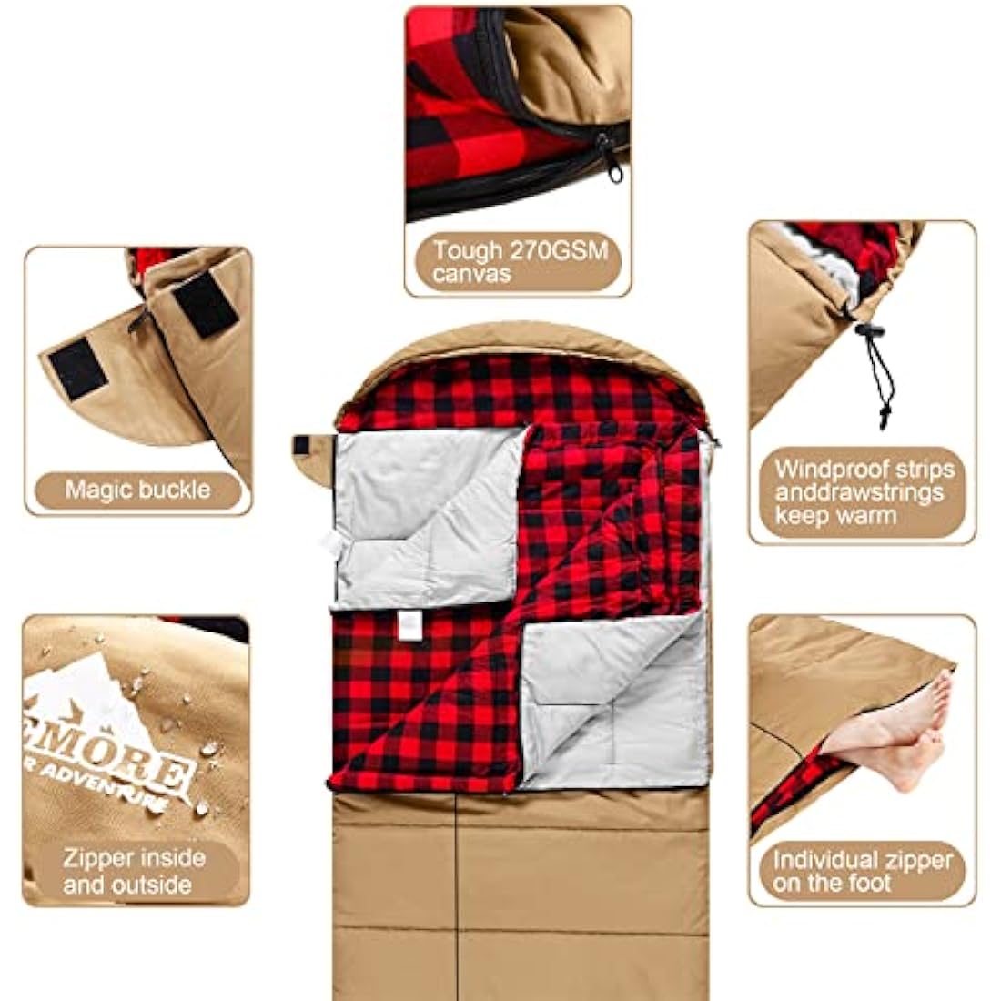 Winter 0 Degree Canvas Sleeping Bag for Fishing, Hunting, Traveling and Camping Particularly in Cold Winter Outdoor with Removable Flannel Liner and Free Compression Sack for Big and Tall Adults