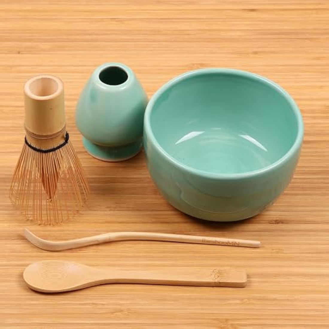 BambooMN Brand - Matcha Bowl Set (Includes Bowl, Rest,Tea Whisk, Chasaku, & Tea Spoon) 1 Set Green