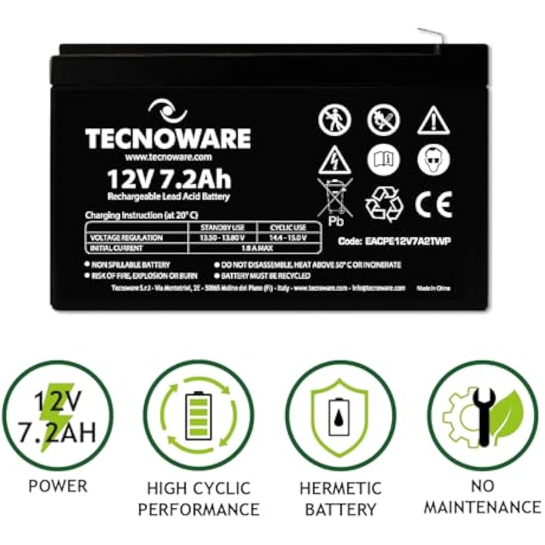 Tecnoware Power Systems - 12V Charge 7.2 Ah Lead-Acid Sealed Battery, for UPS, Video Surveillance and Alarm Systems, 2.5 Inch Faston Connection, Long Lasting, No Maintenance, Bianco, Size 7.2 Ah