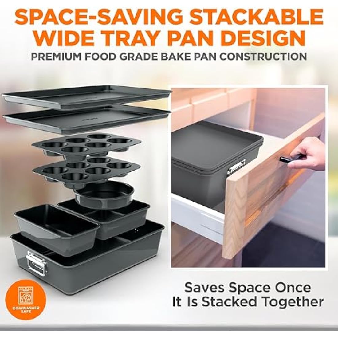 NutriChef Non-Stick Bakeware Set – 8-Piece Stackable Oven-Safe Trays with Cookie Sheet, Loaf Pan, Pizza Pan, Muffin Tin, Cake Tin, Round & Square Pans – Durable & Space-Saving