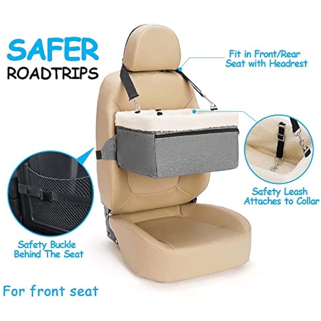 UNICITII Dog Car Seats for Small Dogs-Elevated Pet Dog Booster Seat for Dog,Raised Dog Lookout Car seat w/Clip-On Safety Leash Adjustable Pet Travel Seat, Grey-9 kg, (BGUN-PS002bb)