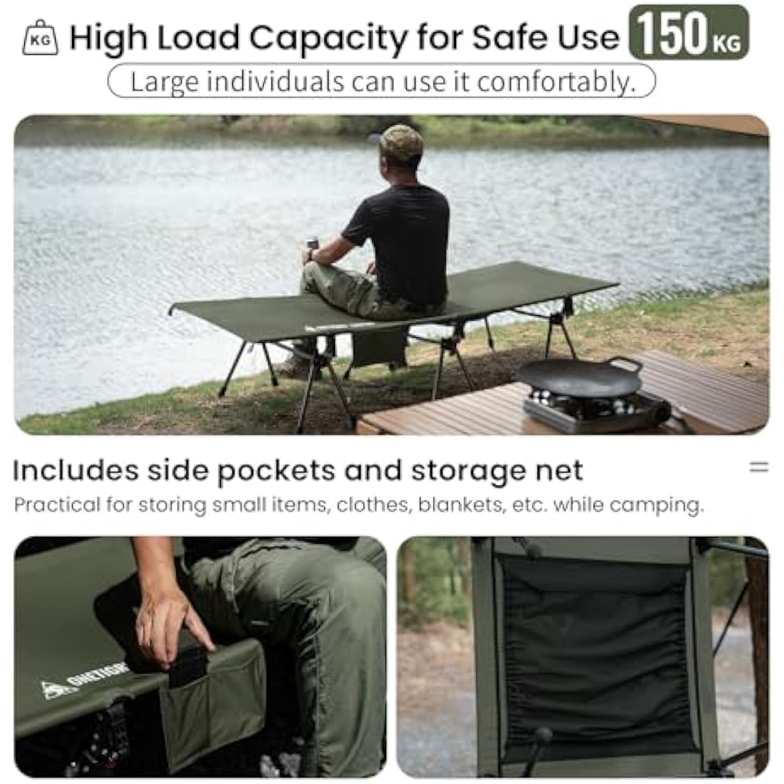 OneTigris SUPRANUBIS Camping Cot, Height Adjustable with Cot Leg Extenders, Strong Support 330lbs, Portable Folding Bed for Camping, Hiking, Travel, Truck, Beach, Office Nap (Ranger Green)
