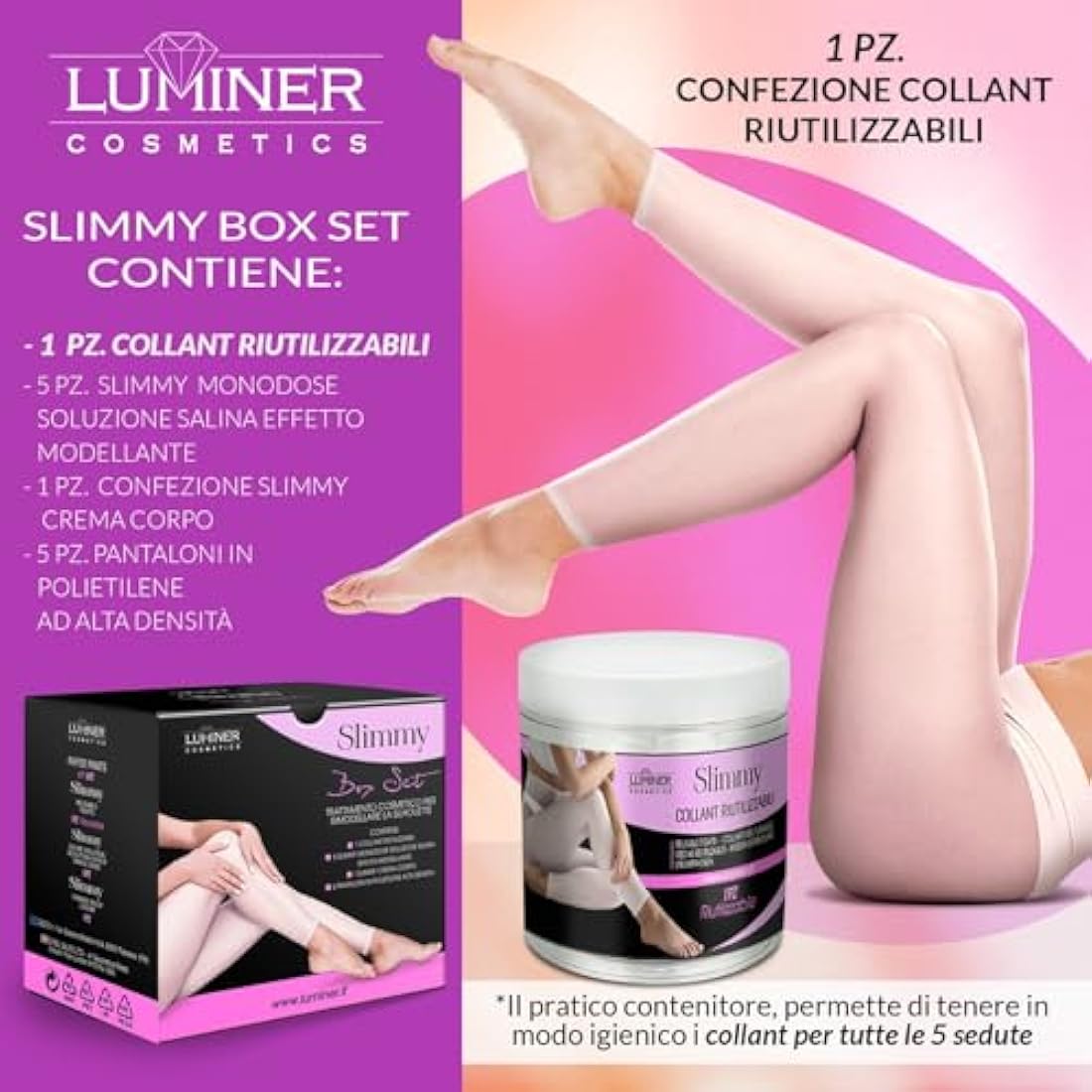 LUMINER Slimmy Box Set with 5 Treatments Reusable Anti-Cellulite Draining Tights with Dead Sea Salt, Cartene Trousers and Anti-Cellulite Cream for Legs and Buttocks - INCI of Natural Origin