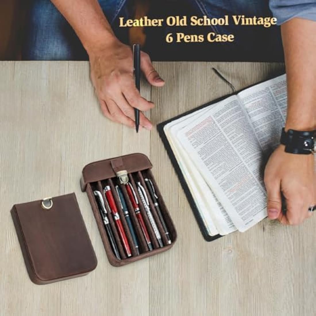 CONTACTS Leather Pen Case for 6 ountain pens, Brushes,Pencil Holder Display,Pen Protective Travel Sleeve,Old School Elegant Desk Accessory Organizer Box