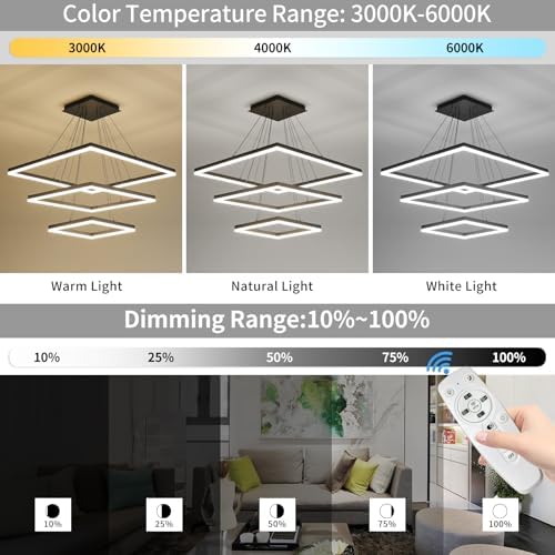 Modern LED Chandelier, 3 Ring Square LED Pendant Ceiling Light, Dimmable Foyer Chandelier Lighting Fixture, Adjustable Height Over Table Hanging Light for Living Room, Dining Room,Entryway