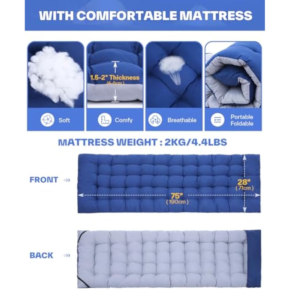 Sportneer Camp Beds for Adults with 1.5" Thick Mattress, Camping Bed 74 * 28" Extra Wide Support 450lbs for AdultsTravel Fishing Picnic Outdoor