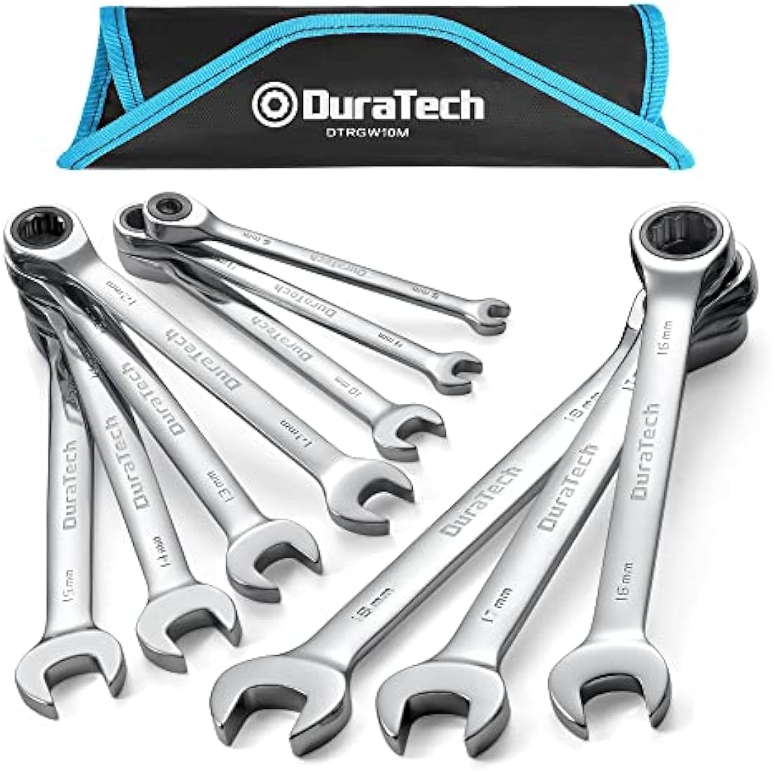 DURATECH 10-Piece Ratchet Combination Spanner Set, Fixed Head Open End Combination Wrench Set with Roll Pouch, Metric, 6-18mm, 12 Point, Cr-V Steel