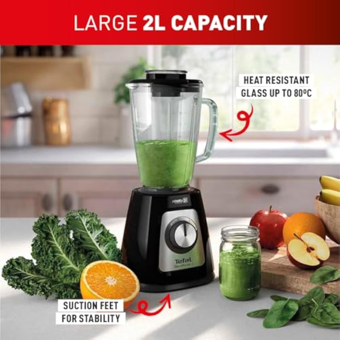 Tefal Blendforce II Blender, 2L Glass Jug, 1.25L Effective Capacity, 800W, 4 Removable Powelix Blades, Smoothie Blender, Ice Crush, 2 Speeds + Pulse Kitchen Blender, Black, BL435840