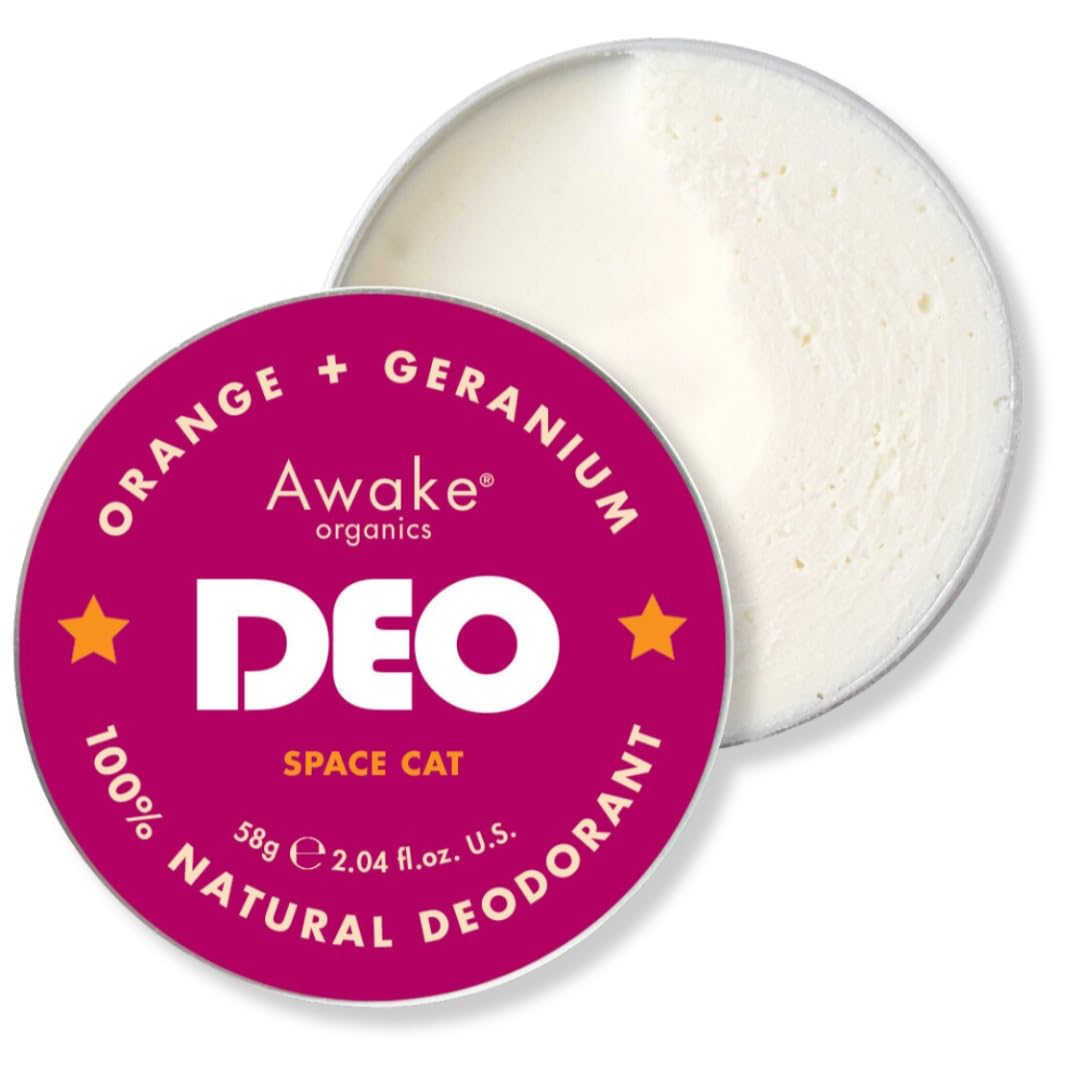 Awake Organics DEO - Natural Plastic Free Deodorant Balm - Space Cat - Orange & Geranium - Aluminium Free - Bicarb Free - Vegan - Made in England -