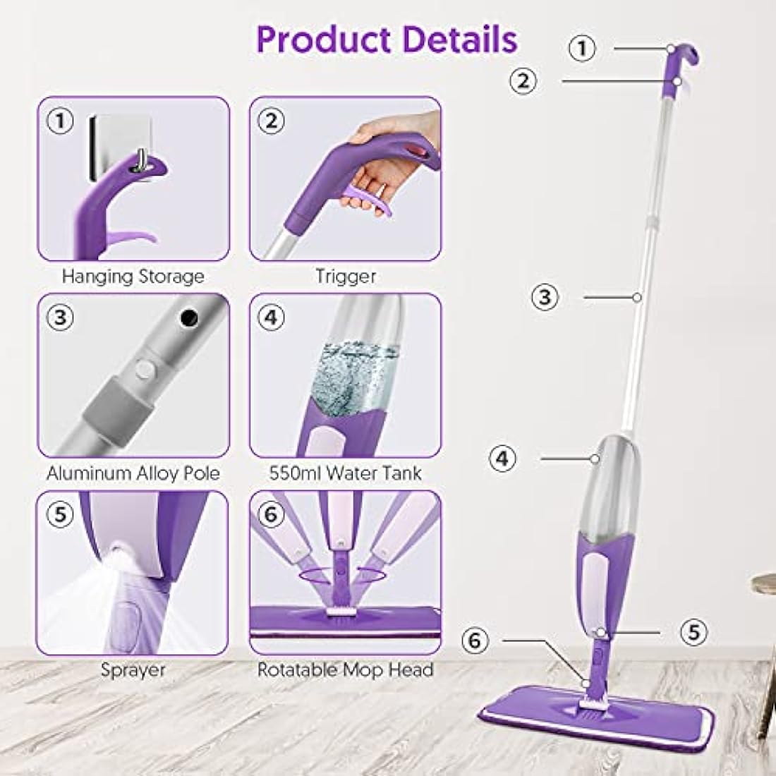 SEVENMAX Spray Mops for Cleaning Floors - Microfibre Floor Mop with 3PCS Washable Pads 550ML Refillable Bottle Kitchen Dust Dry Wet Mop for Cleaning Hardwood Laminate Wood Ceramic Tiles