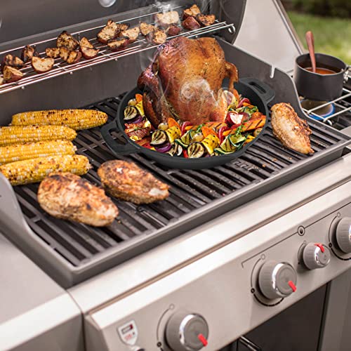 onlyfire Cast Iron Chicken Roaster Stand, BBQ Poultry Roaster Pan with Pour Spout and Handle, Barbecue Accessory for Grill and Oven