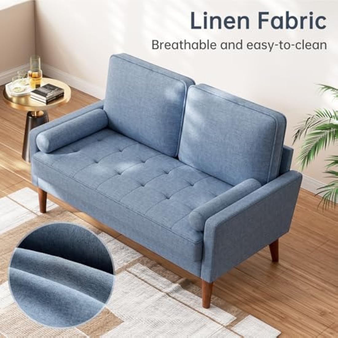 Vesgantti Small 2 Seater Blue Comfy Linen Modern Love Seat Sofa for Living Room & Bedroom