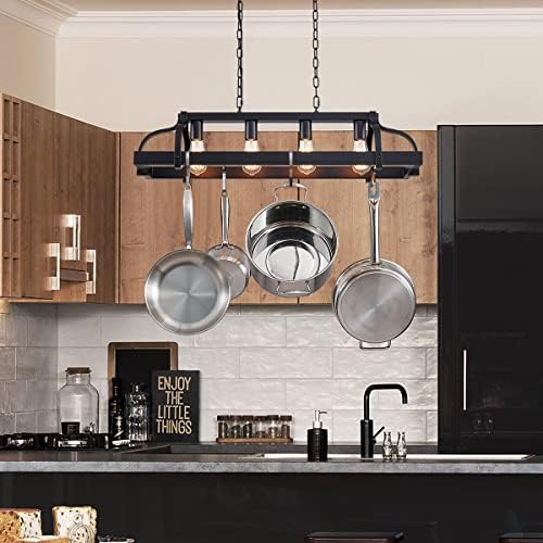 WUZUPS 4-Light Metal Pot Hanging Rack Chandelier Linear Pendant Ceiling Lighting Rustic Farmhouse Fixture Kitchen Island Dining Room, H25 x L88 x W30, E27 Base, Black