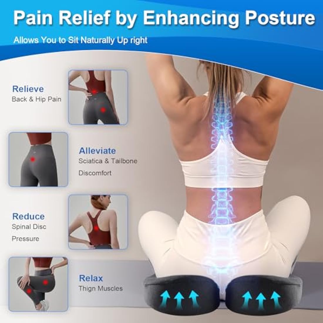 Seat Cushion Office Chair Cushions Memory Foam Coccyx Cushion Pressure Relief for Hip, Tailbone, Coccyx, Sciatica,Ergonomic Seat Cushion Pad for Desk Chair, Wheelchair, Car Seat for Long Sitting