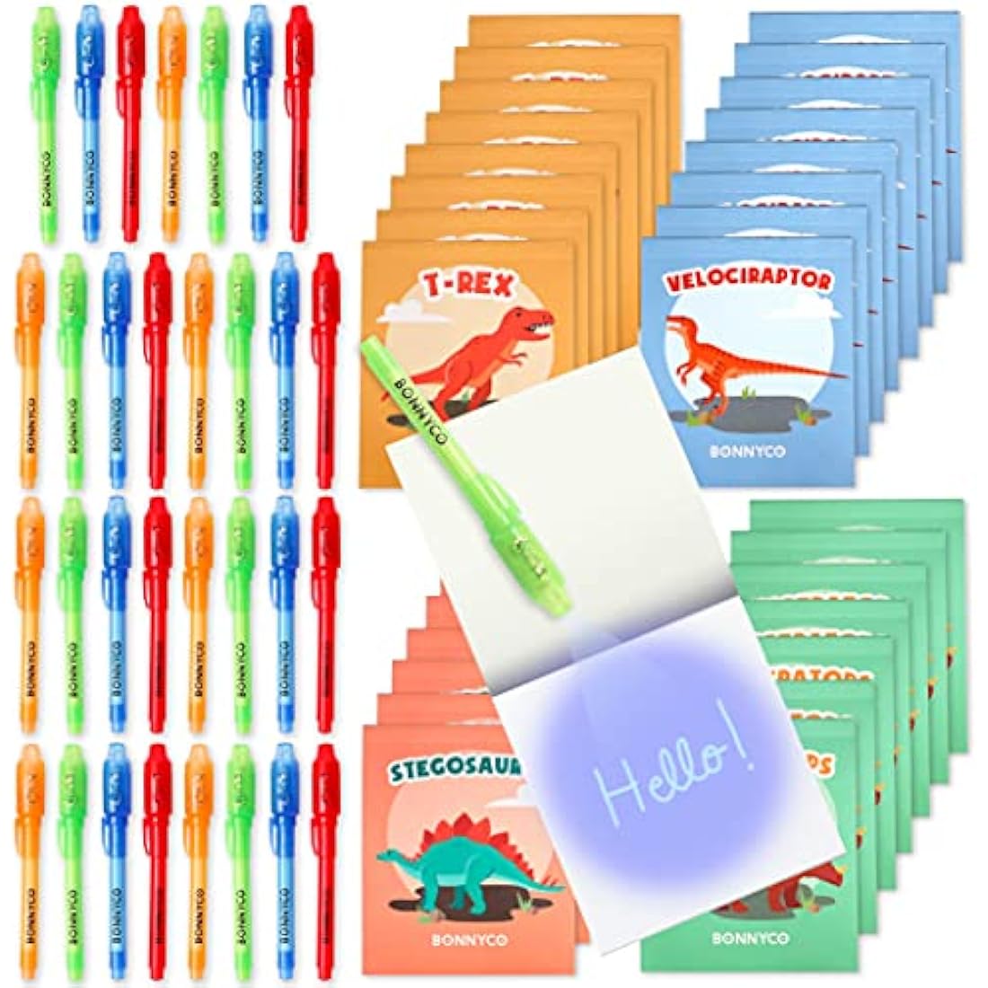 BONNYCO Invisible Ink Pen and Notebook, Pack 32 Dinos Party Bags Filler & Pinata Toys | Dinos Birthday Decorations | Stocking Fillers for Kids Birthday | School Prizes & Gifts for Children