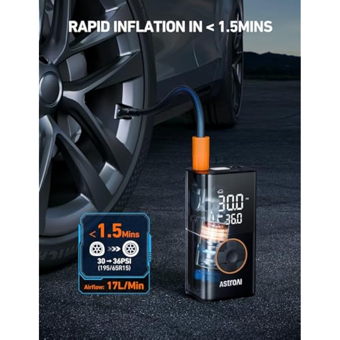 AstroAI Car Tyre Inflator Air Compressor, Portable USB Rechargeable Electric Bike Pump 150 PSI, Tyre Pump with Pressure Gauge Digital Dual Values Display, for Car, Bike, Motorbike, Ball