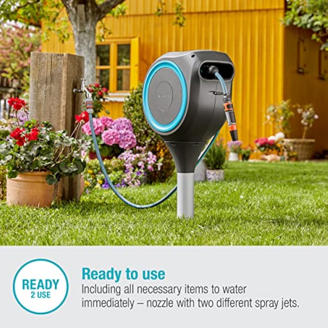 Gardena Garden Hose Box Rollup M (Turquoise) 20 m: Swivel Hose Box, Integral Hose Guide, Including 20 m Gardena Hose, mounting Rod and mounting kit (18614-20)